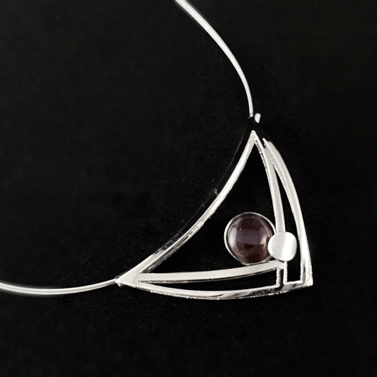 Lightweight Handmade Geometric Aluminum Necklace, Silver and Purple Triple Triangle