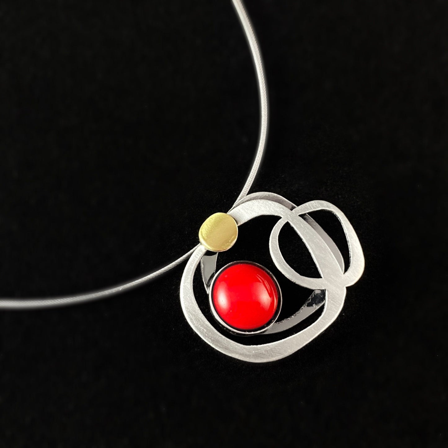 Lightweight Handmade Geometric Aluminum Necklace, Silver and Red Circles