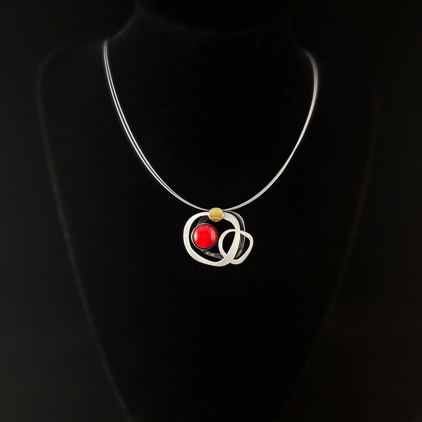 Lightweight Handmade Geometric Aluminum Necklace, Silver and Red Circles
