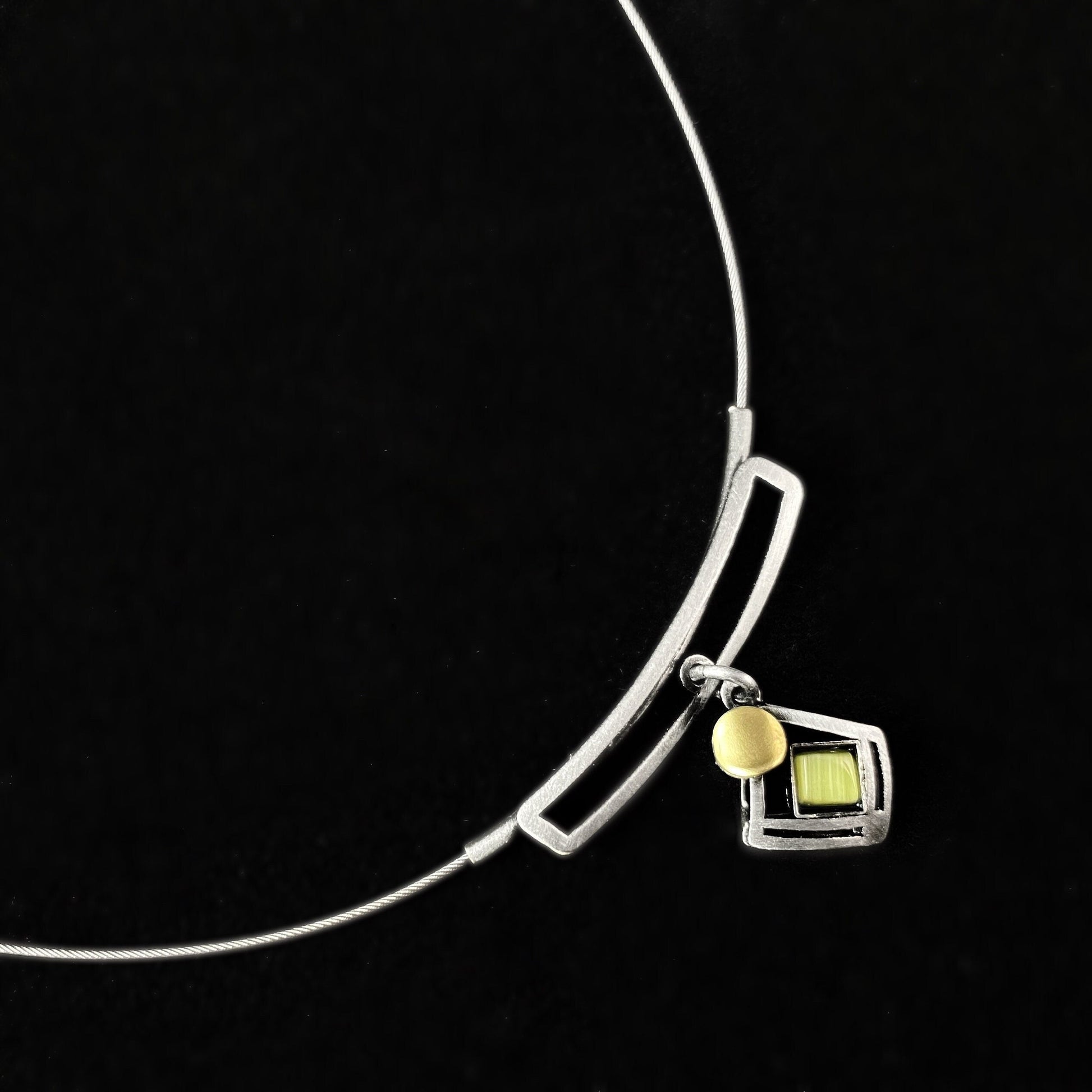 Lightweight Handmade Geometric Aluminum Necklace, Small Silver/Green Square