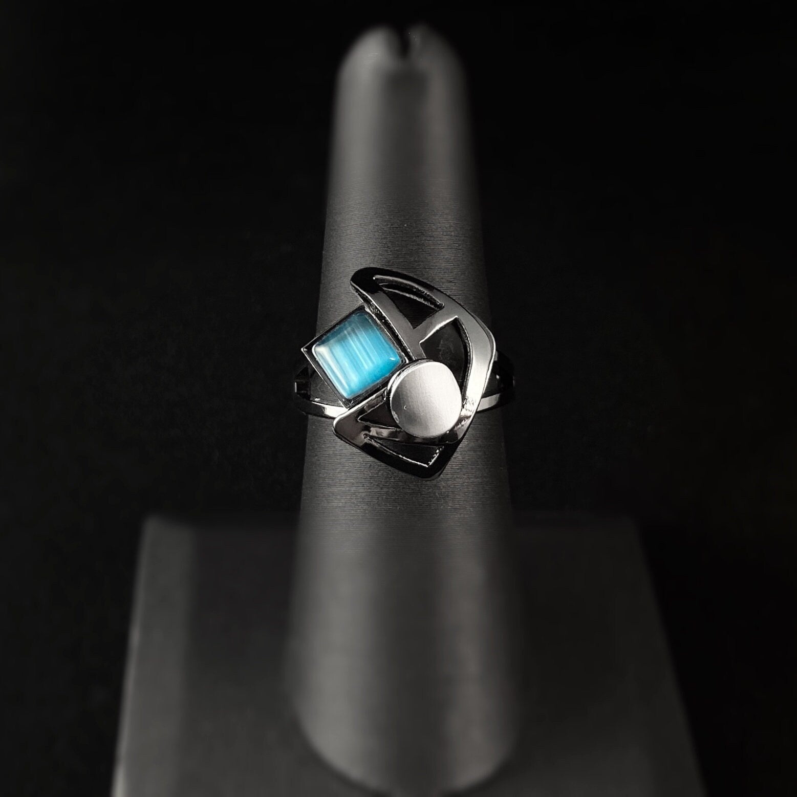 Lightweight Handmade Geometric Aluminum Ring, Blue and Gunmetal Angled Crescent