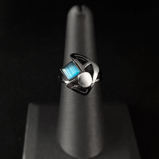 Lightweight Handmade Geometric Aluminum Ring, Blue and Gunmetal Angled Crescent