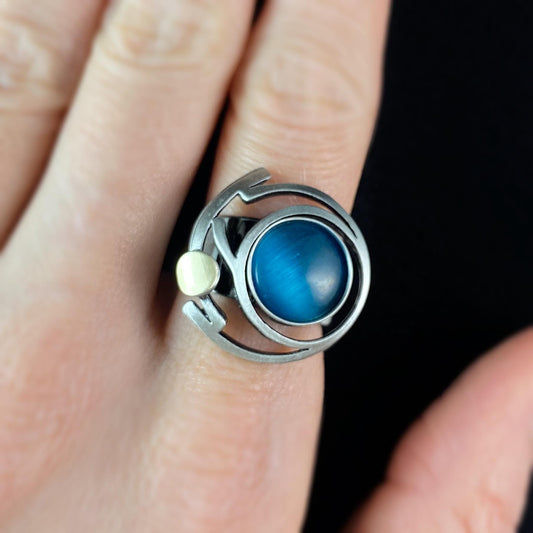 Lightweight Handmade Geometric Aluminum Ring, Blue and Silver Orbit