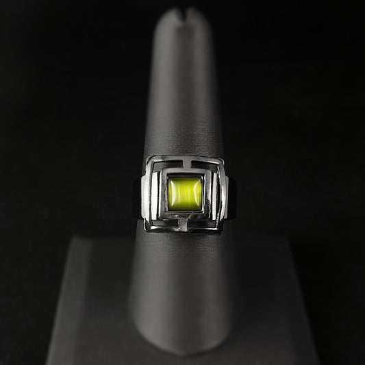 Lightweight Handmade Geometric Aluminum Ring, Green and Gunmetal Maze