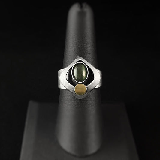 Lightweight Handmade Geometric Aluminum Ring, Green and Silver Diamond Eye