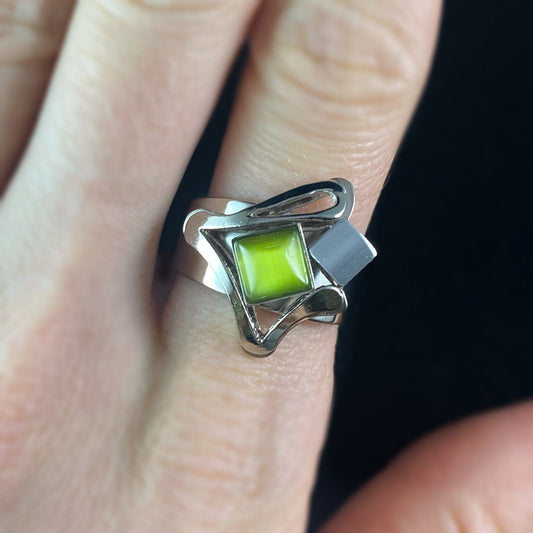 Lightweight Handmade Geometric Aluminum Ring, Green and Silver Flourish