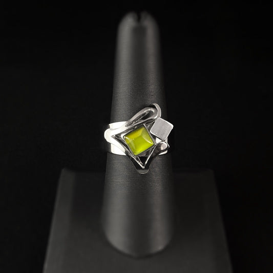 Lightweight Handmade Geometric Aluminum Ring, Green and Silver Flourish