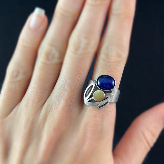 Lightweight Handmade Geometric Aluminum Ring, Silver and Blue