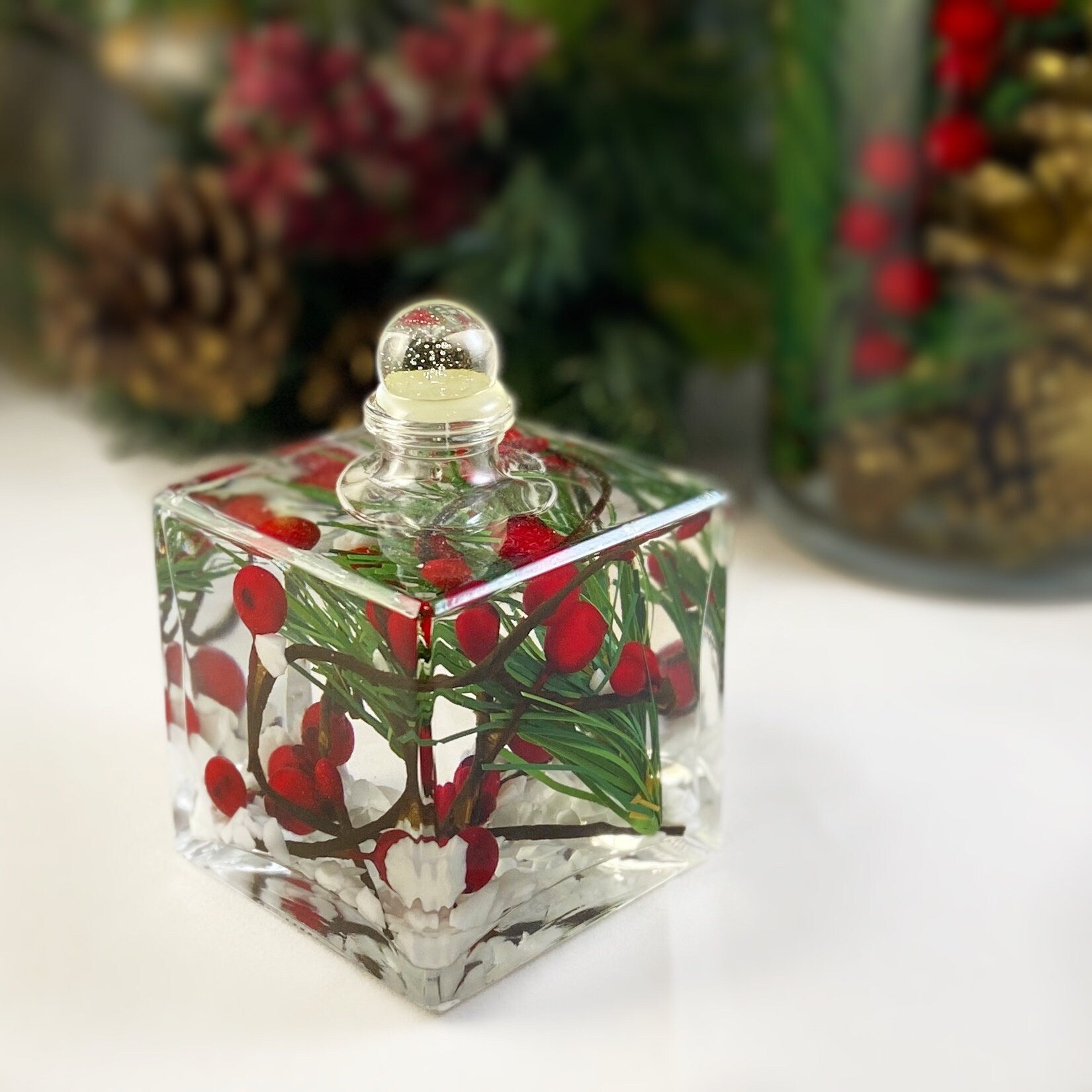 Liquid Candle with Holly berries, Small Square Liquid Candle/Holiday Decor - Handmade in USA - Long Burn Time