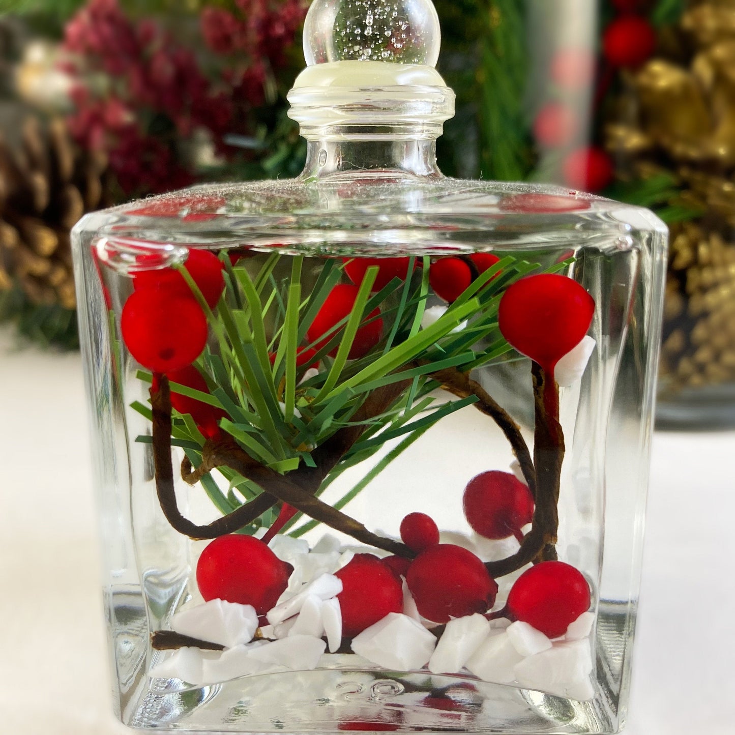 Liquid Candle with Holly berries, Small Square Liquid Candle/Holiday Decor - Handmade in USA - Long Burn Time