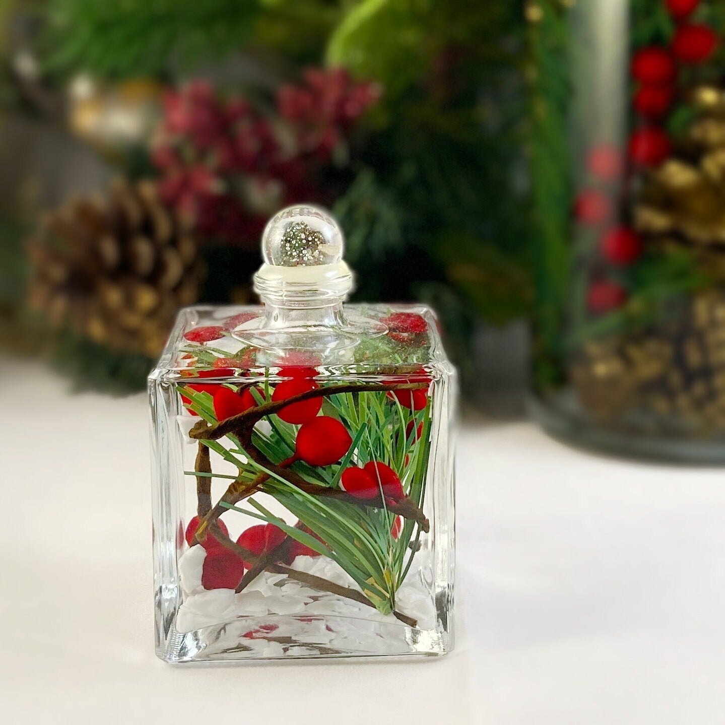 Liquid Candle with Holly berries, Small Square Liquid Candle/Holiday Decor - Handmade in USA - Long Burn Time