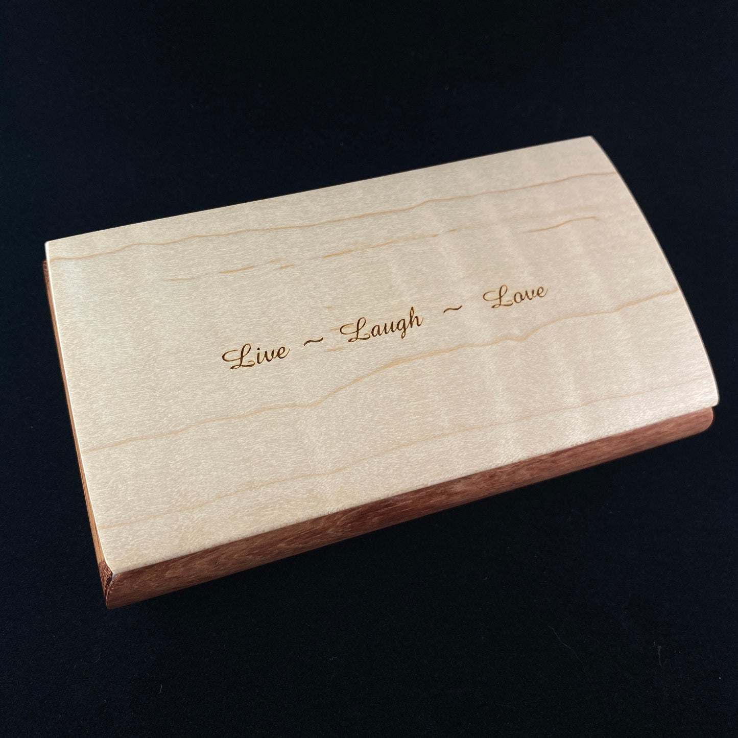 Live Laugh Love Quote Box from Mikutowski Woodworking Handmade Wooden Box with Bubinga and Curly Maple