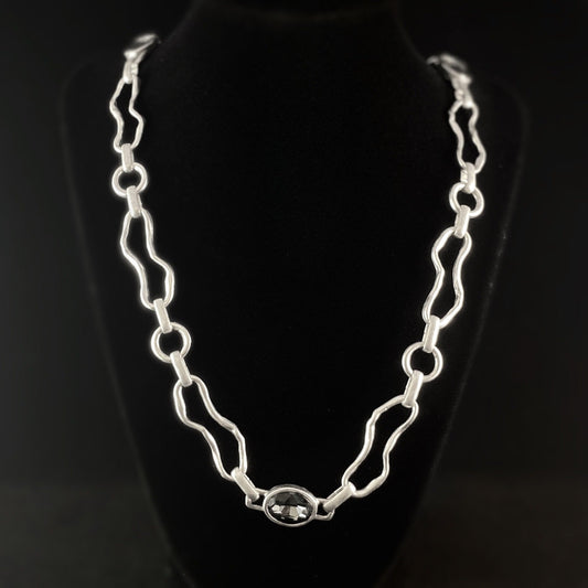 Long Abstract Silver Chain Necklace with Purple Crystal Accents, Handmade, Nickel Free