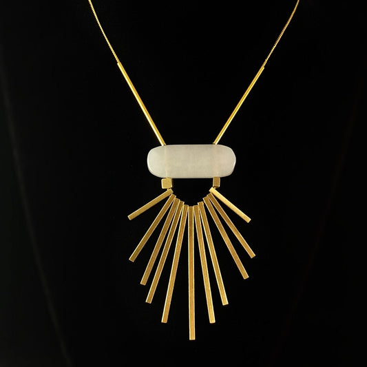 Long Gold Geometric Art Deco Pendant Necklace - 18kt Gold Necklace with Agate Stone, David Aubrey Jewelry