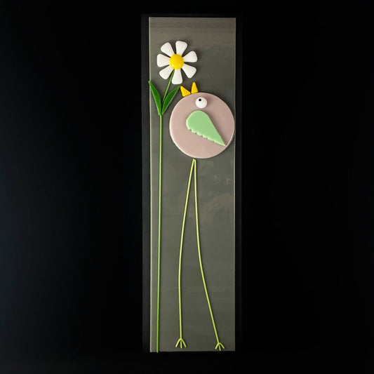 Long Legged Bird With Flower Handmade Glass Wall Decor, Gray - Made in USA