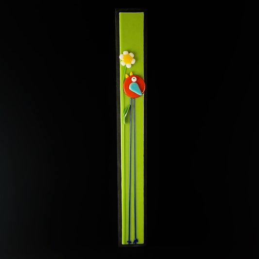 Long Legged Bird With Flower Handmade Glass Wall Decor, Green - Made in USA