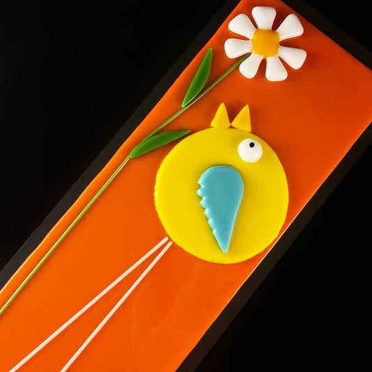 Long Legged Bird With Flower Handmade Glass Wall Decor, Orange - Made in USA
