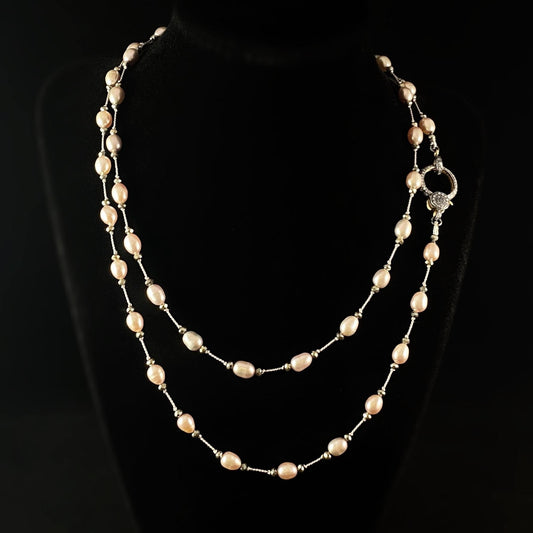 Long Necklace with Diamond Clasp, Freshwater Pearls, and Silk, Handmade in USA - Avaasi