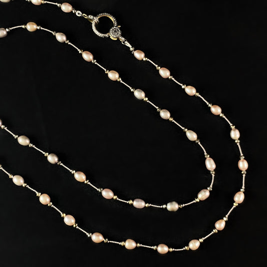 Long Necklace with Diamond Clasp, Freshwater Pearls, and Silk, Handmade in USA - Avaasi