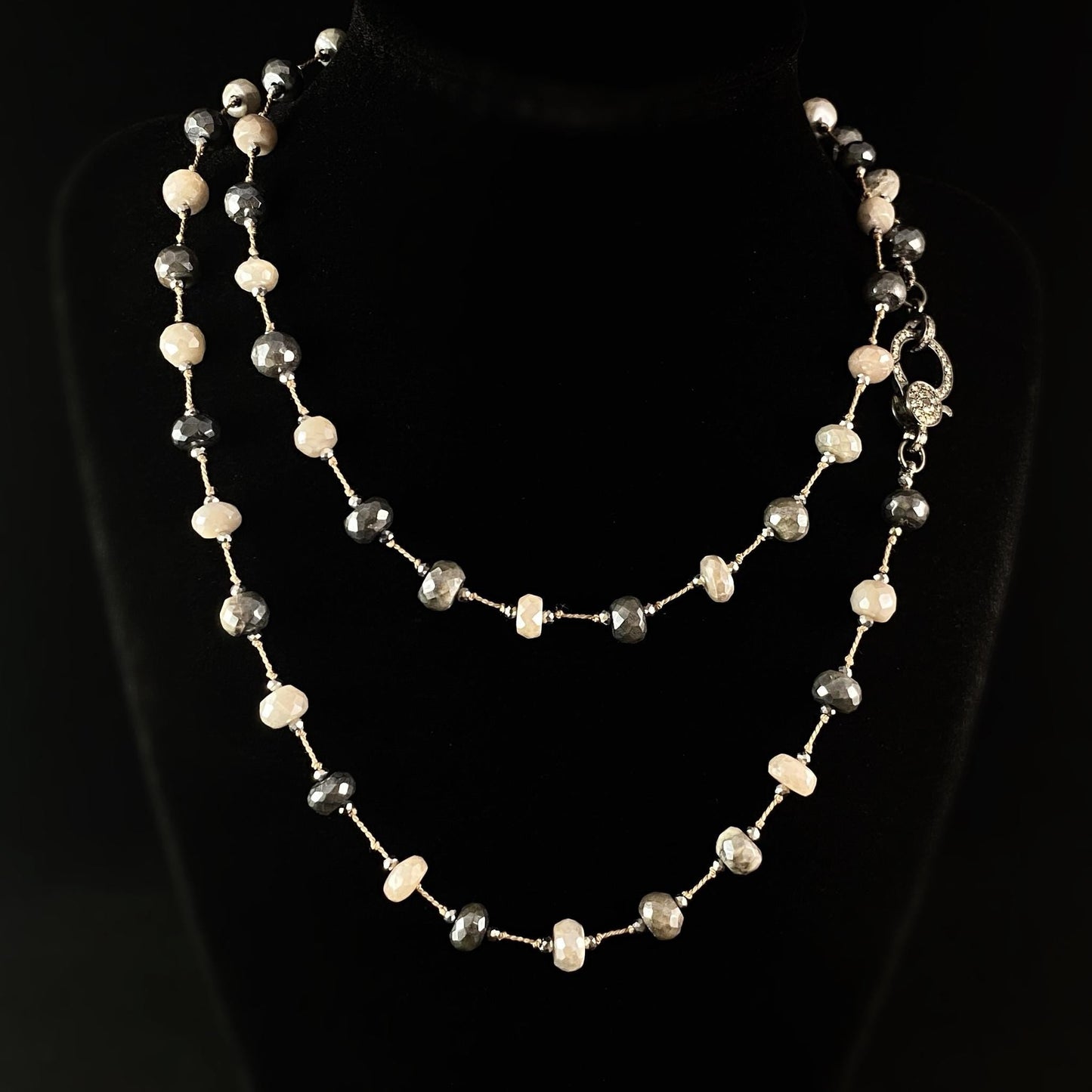 Long Necklace with Diamond Clasp, Silverlite, Labradorite, and Silk, Handmade in USA - Avaasi