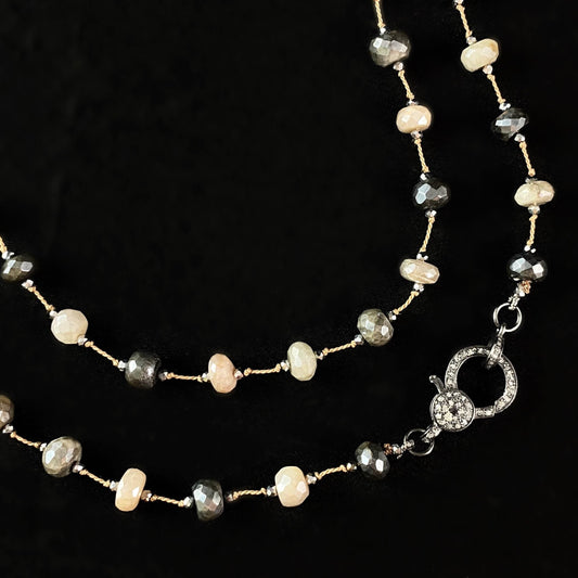 Long Necklace with Diamond Clasp, Silverlite, Labradorite, and Silk, Handmade in USA - Avaasi