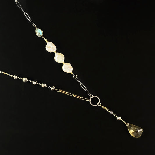 Long Necklace with Labradorite, Coin Pearls, Aquamarine, and Pyrite, Handmade in USA - Avaasi