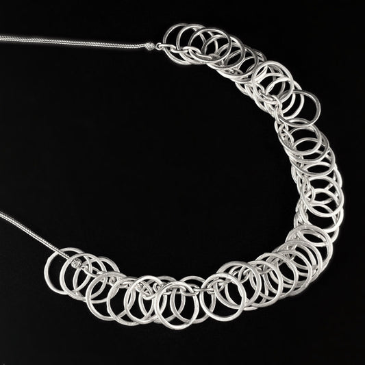 Long Silver Boho Circle Charm Statement Necklace, Handmade, Nickel Free