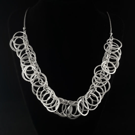 Long Silver Boho Circle Charm Statement Necklace, Handmade, Nickel Free