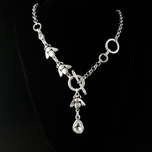 Long Silver Chain Link Honey Bee Necklace With Crystal Accents and Toggle Closure, Handmade, Nickel Free-Noir