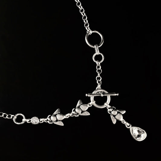 Long Silver Chain Link Honey Bee Necklace With Crystal Accents and Toggle Closure, Handmade, Nickel Free-Noir