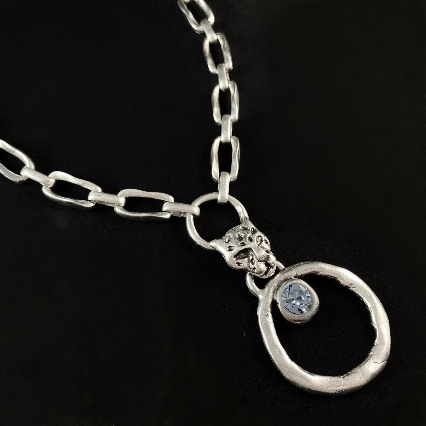Long Silver Chain Link Necklace with Blue Crystal, Handmade, Nickel Free