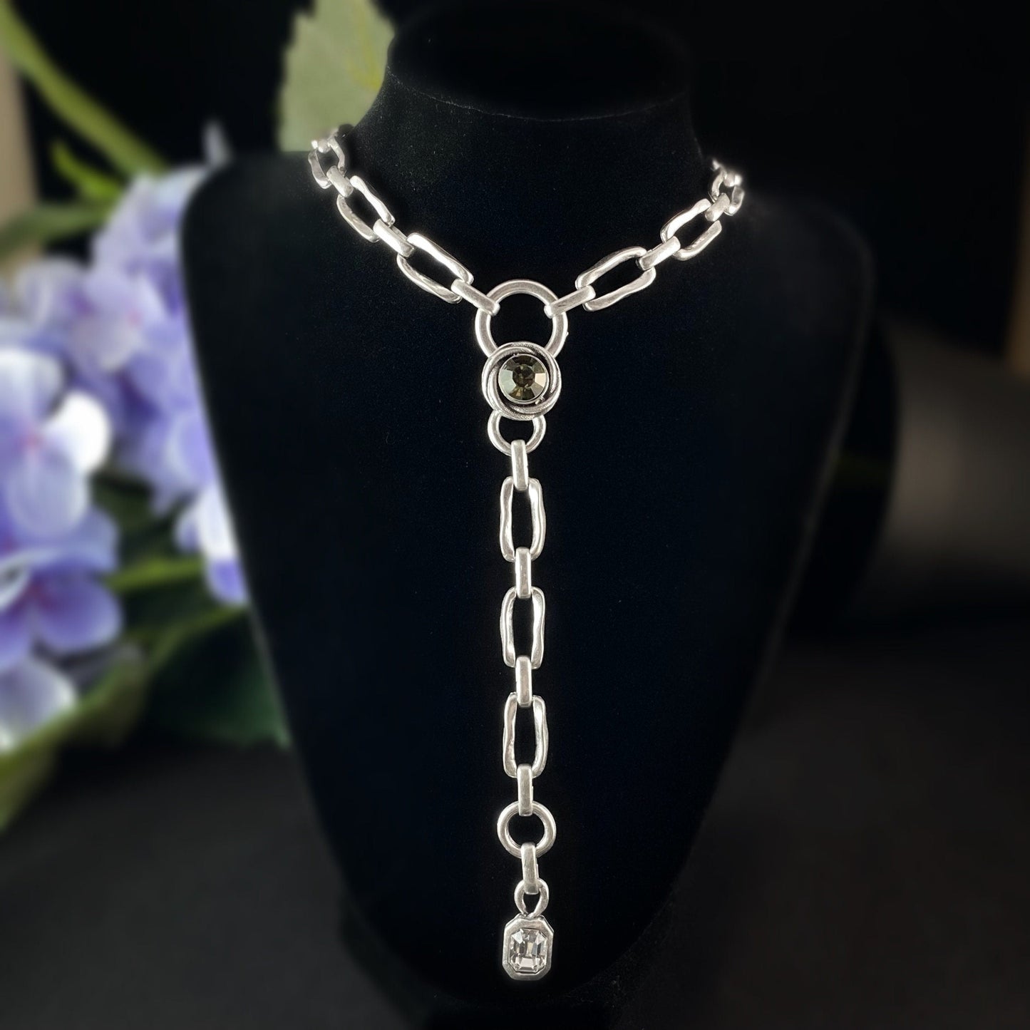 Long Silver Chain Link Necklace with Crystals, Handmade, Nickel Free