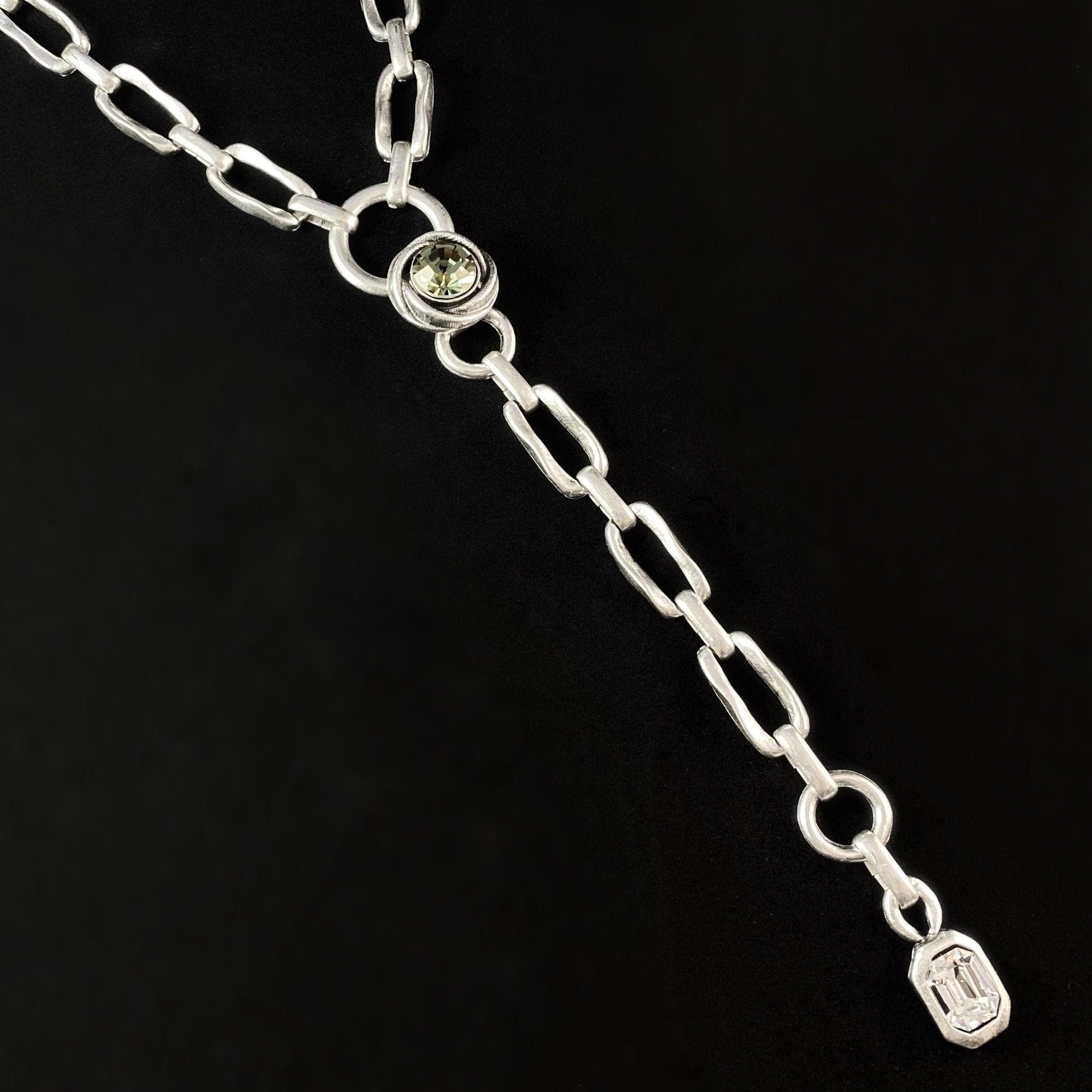 Long Silver Chain Link Necklace with Crystals, Handmade, Nickel Free