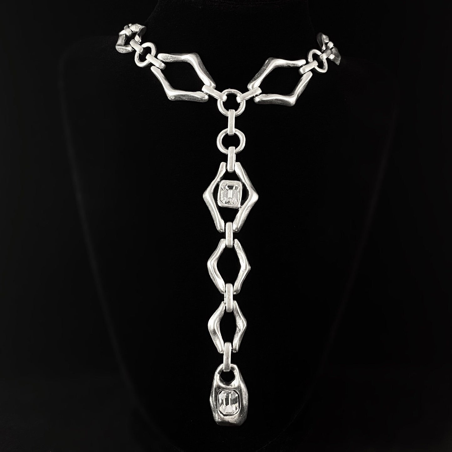 Long Silver Chunky Chain Link Lariat Necklace with Clear Crystals, Handmade, Nickel Free