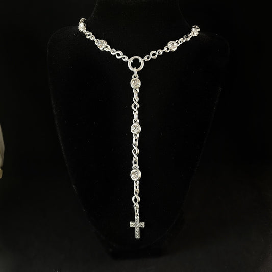 Long Silver Cross Necklace with Crystals, Handmade, Nickel Free