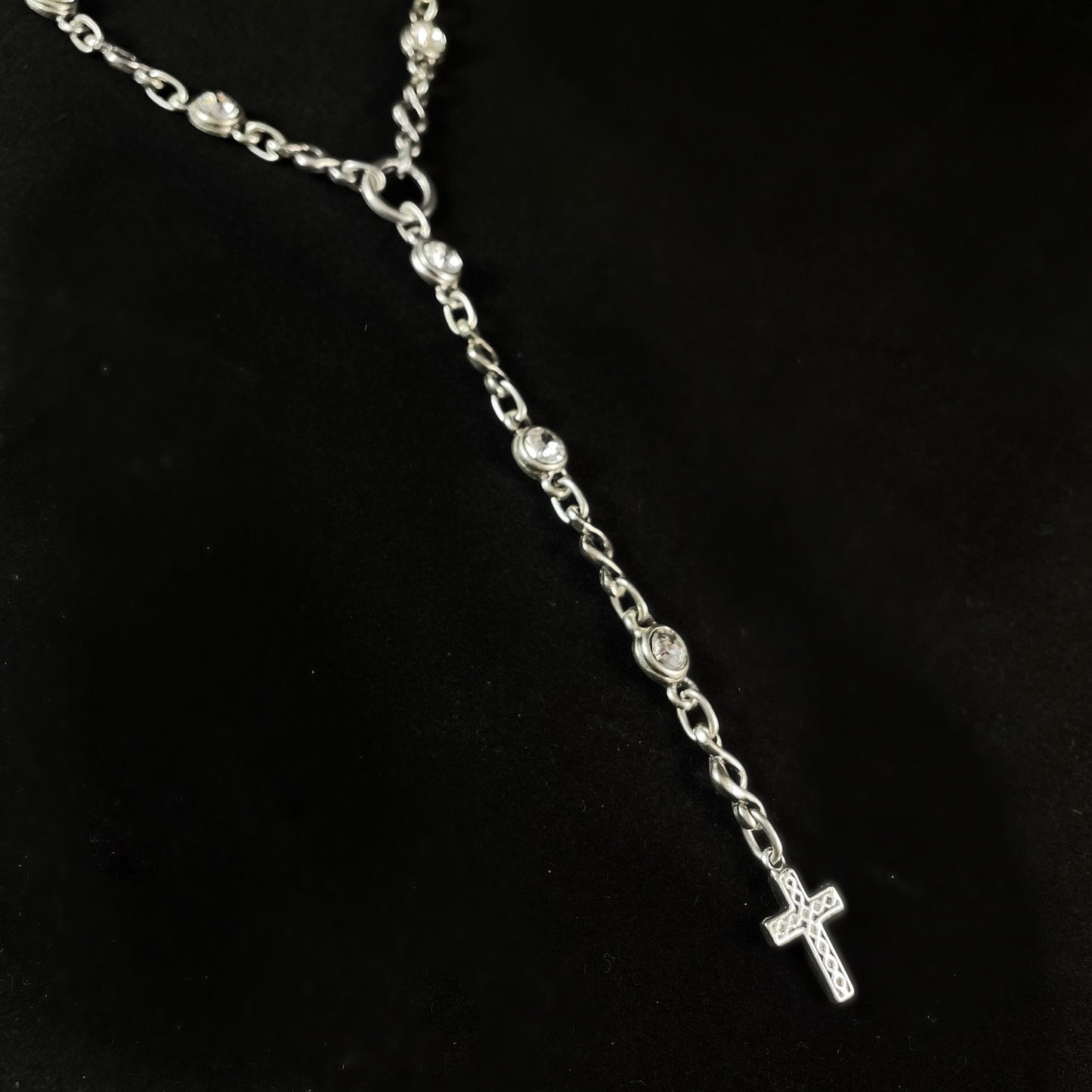 Long Silver Cross Necklace with Crystals, Handmade, Nickel Free