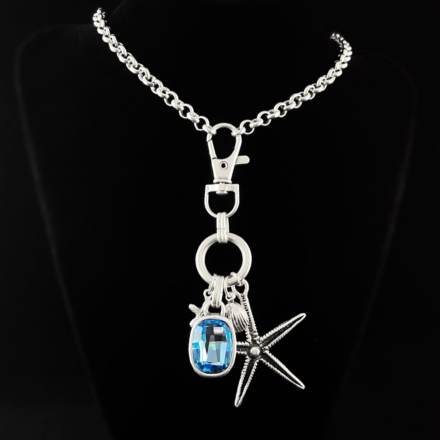 Long Silver Necklace with Blue Crystal and Starfish Pendant, Handmade, Nickel Free - Noir