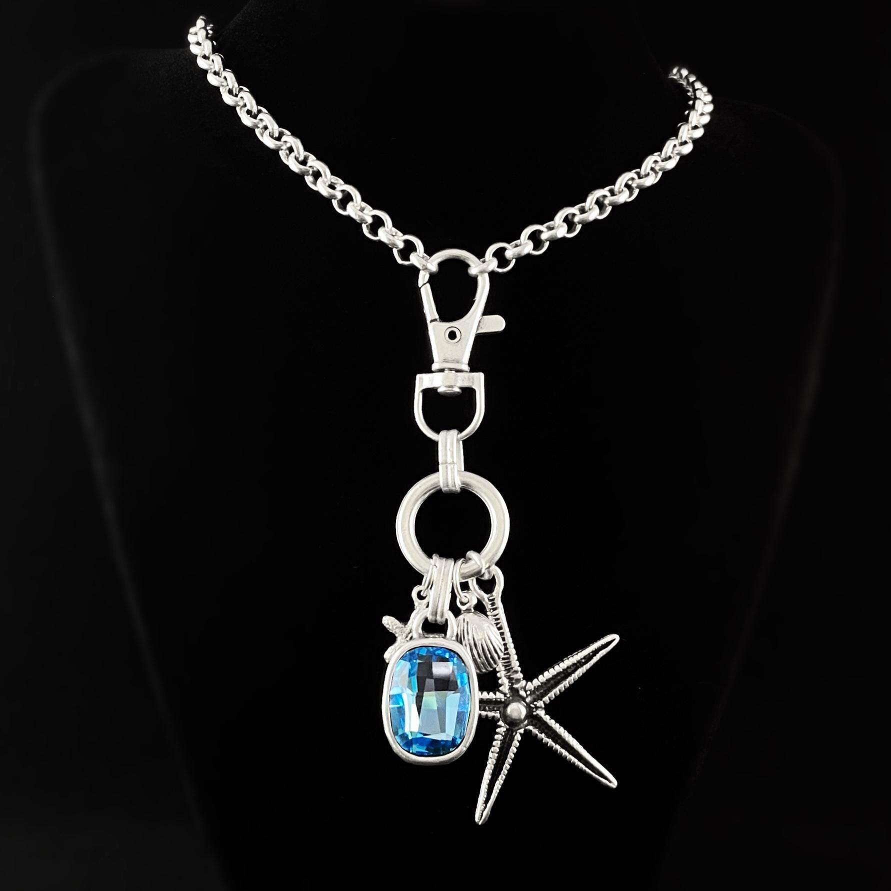 Long Silver Necklace with Blue Crystal and Starfish Pendant, Handmade, Nickel Free - Noir