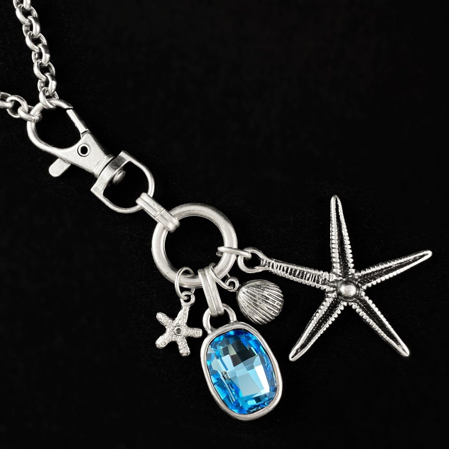 Long Silver Necklace with Blue Crystal and Starfish Pendant, Handmade, Nickel Free - Noir