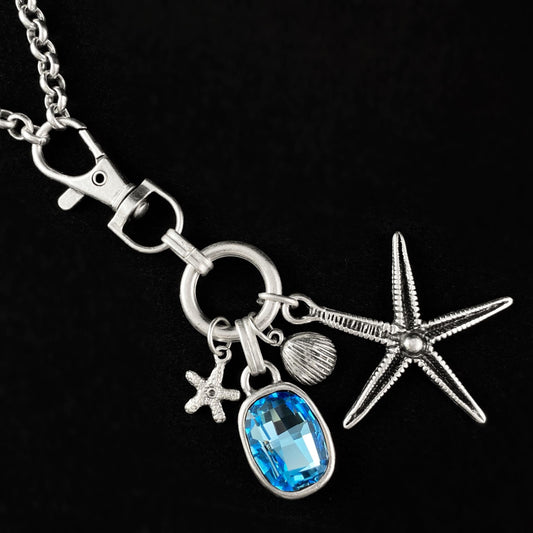 Long Silver Necklace with Blue Crystal and Starfish Pendant, Handmade, Nickel Free - Noir