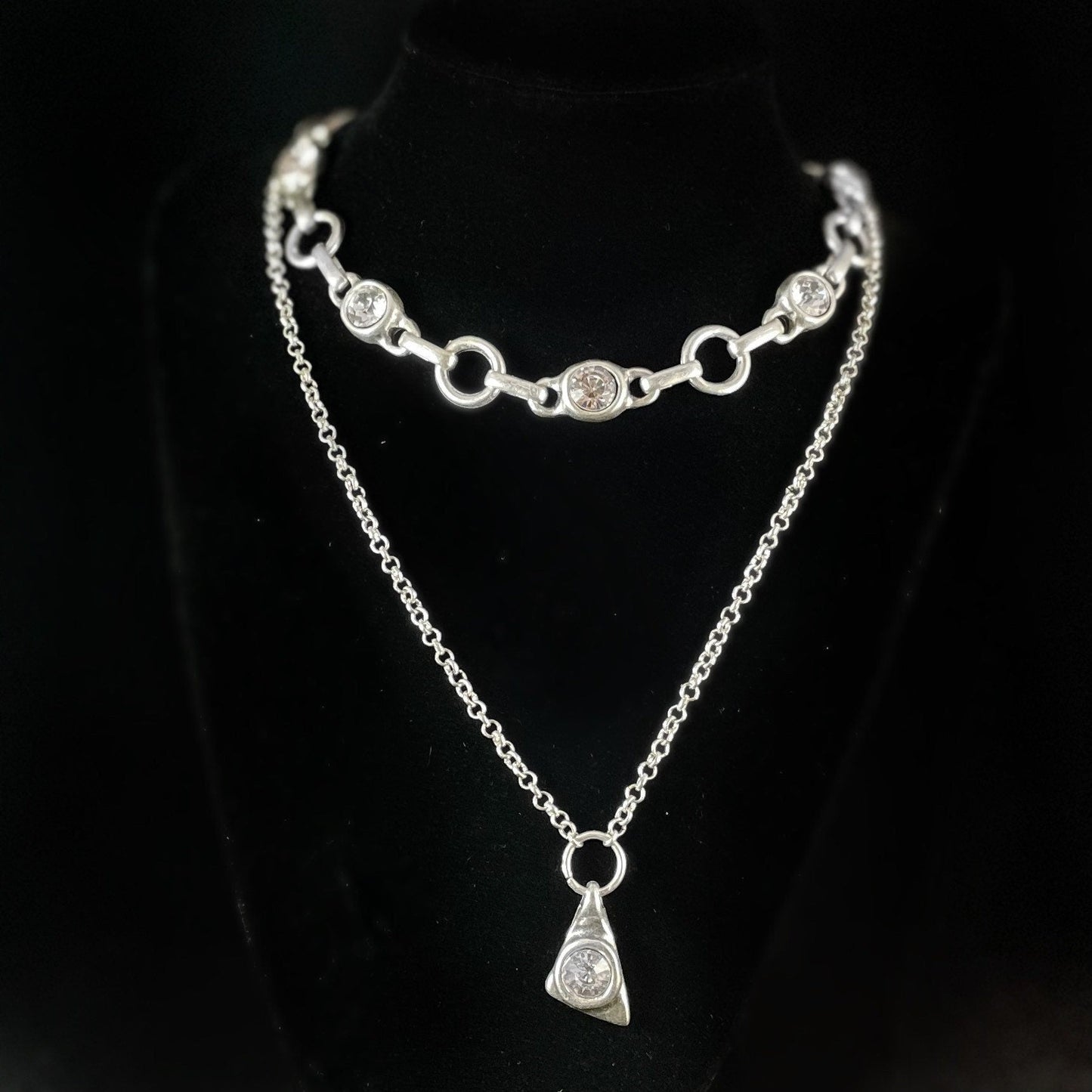 Long Silver Statement Necklace with Clear Crystal, Handmade, Nickel Free