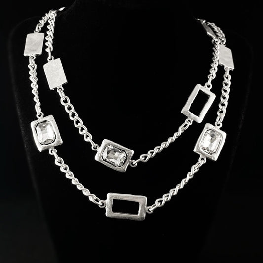 Long Silver Statement Necklace With Rectangle Pendants and Clear Crystals, Handmade, Nickel Free-Noir