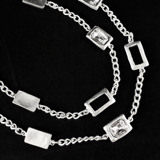 Long Silver Statement Necklace With Rectangle Pendants and Clear Crystals, Handmade, Nickel Free-Noir