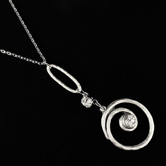 Long Swirl Pendant With Clear Swarovski Crystal Silver Chain Necklace - VBC