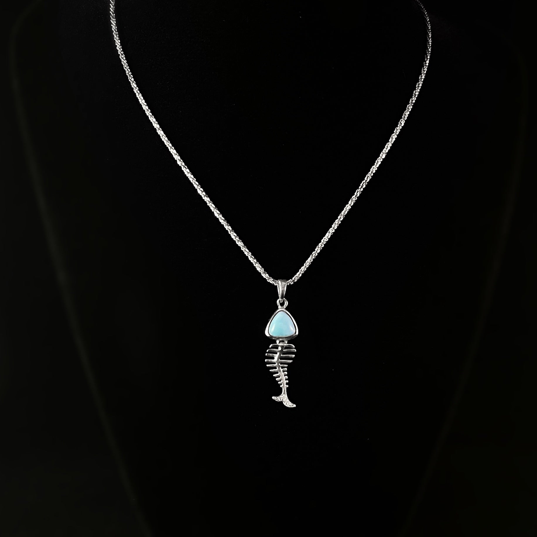 Marahlago Larimar and Sterling Silver Fishbone Necklace