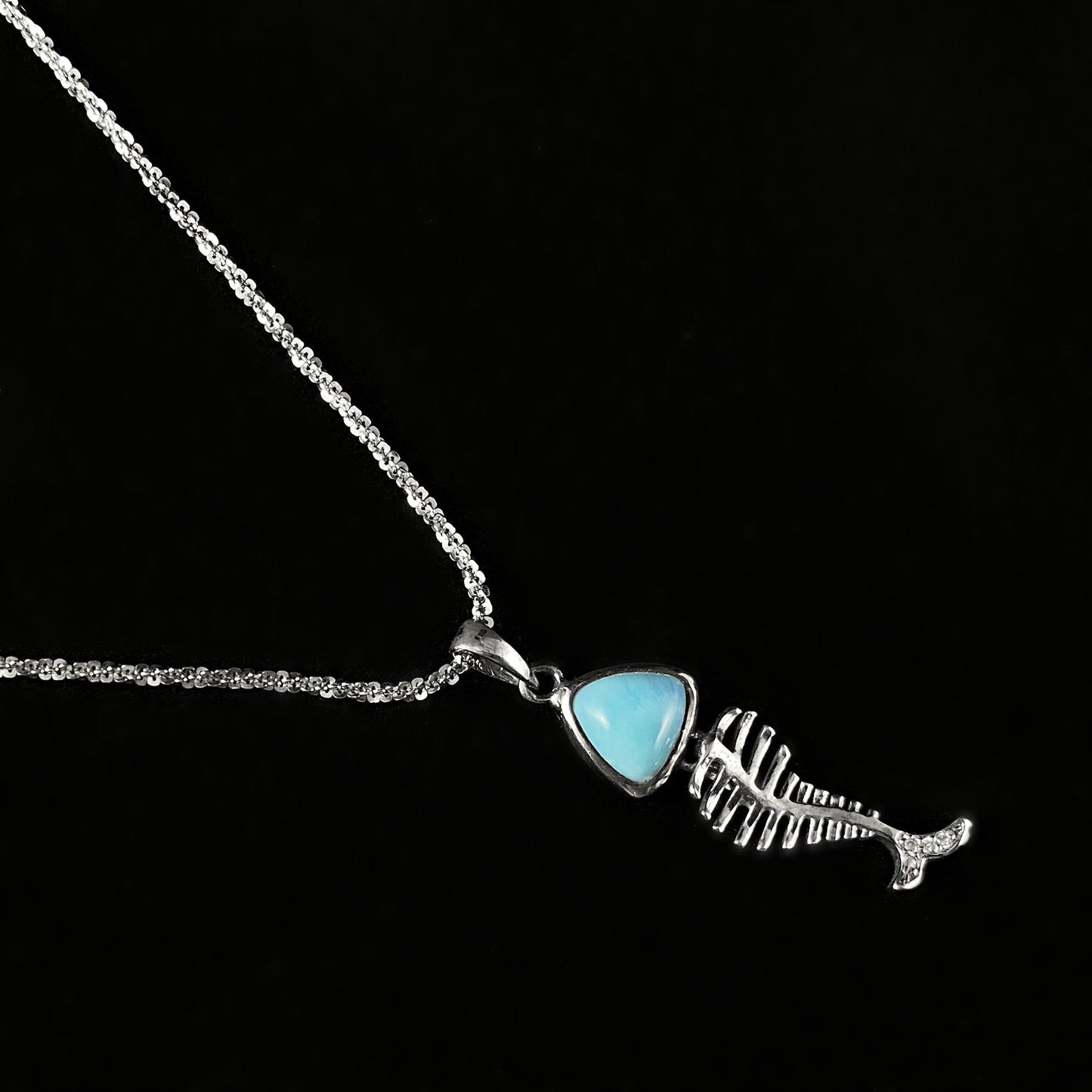 Marahlago Larimar and Sterling Silver Fishbone Necklace