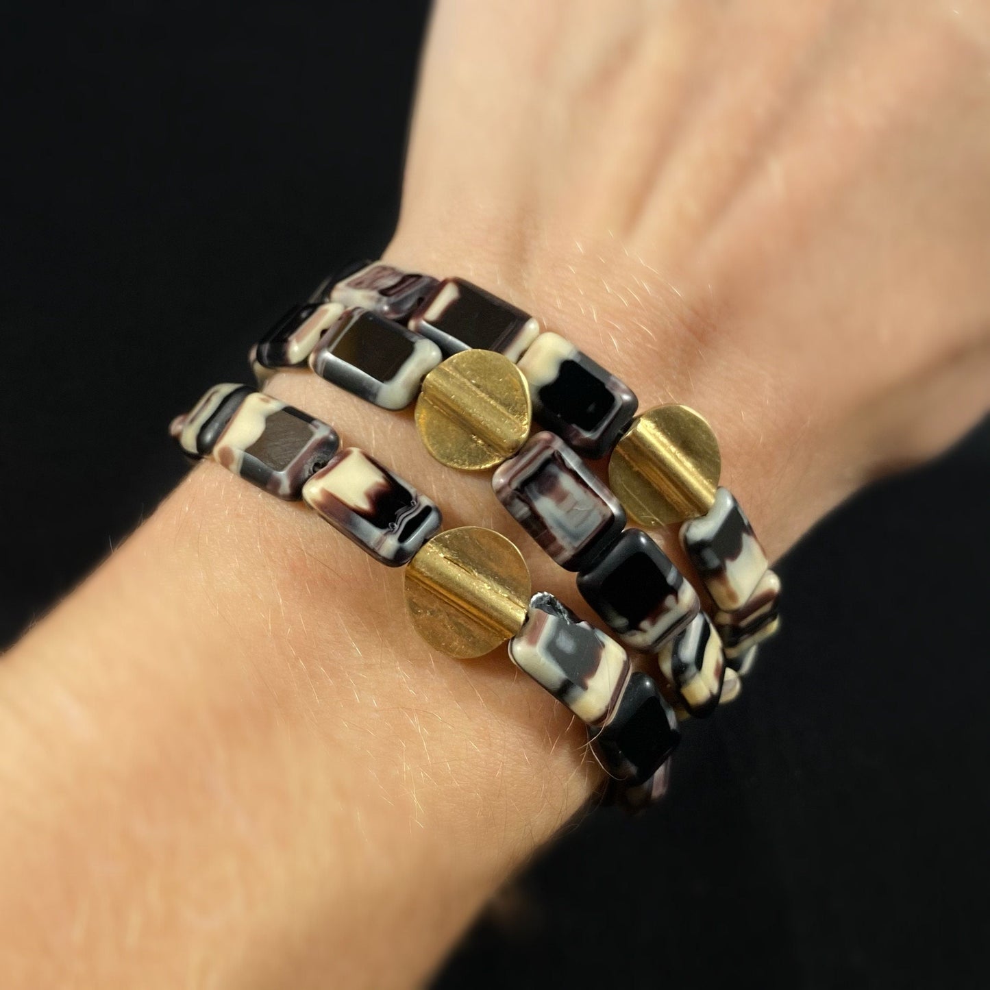 Marbled Bead Geometric Art Deco Style Bracelet - 18kt Gold Over Brass with Czech Glass - David Aubrey Jewelry
