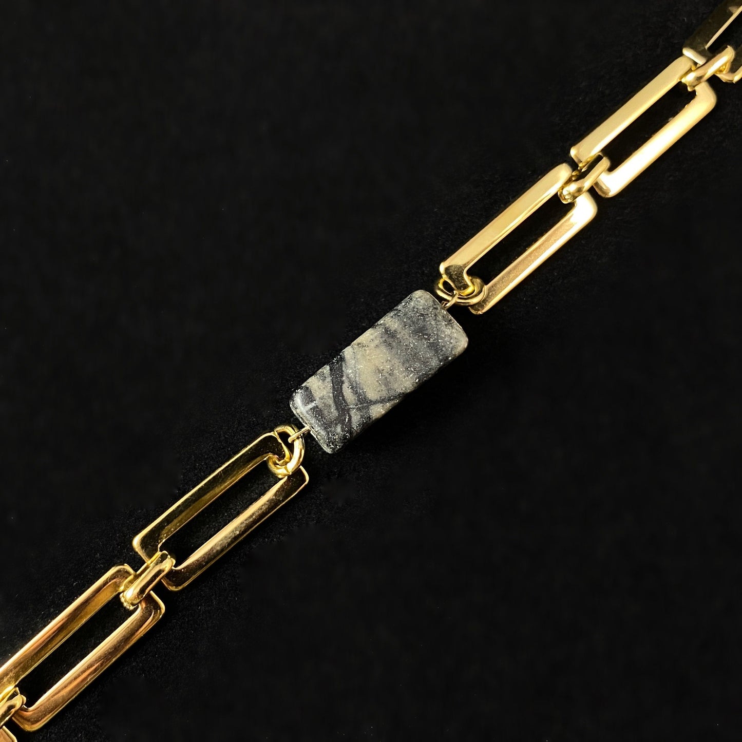 Marbled Green Rectangle Shaped Natural Stone Bracelet with Gold Chunky ...