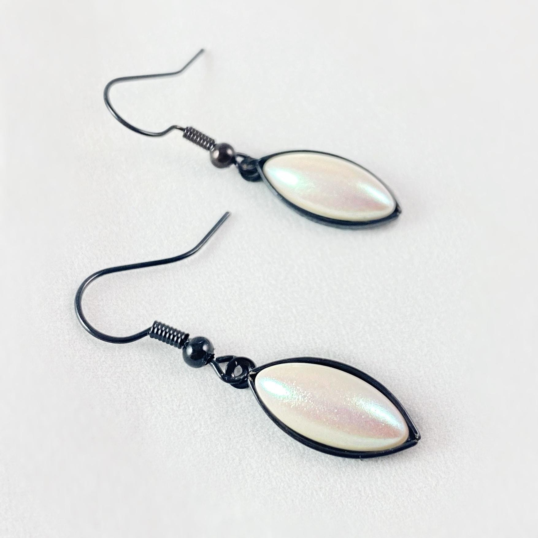 Marquise Shape Earrings with Black Wire and Handmade Glass Beads, Hypoallergenic, Shimmering Ivory - Kristina