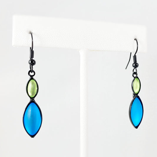 Marquise Shape Earrings with Black Wire and Handmade Glass Beads, Hypoallergenic, Aqua/Peridot - Kristina